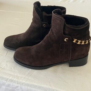 Salvatore Ferragamo Brown Suede Ankle Boots with Gold Chain